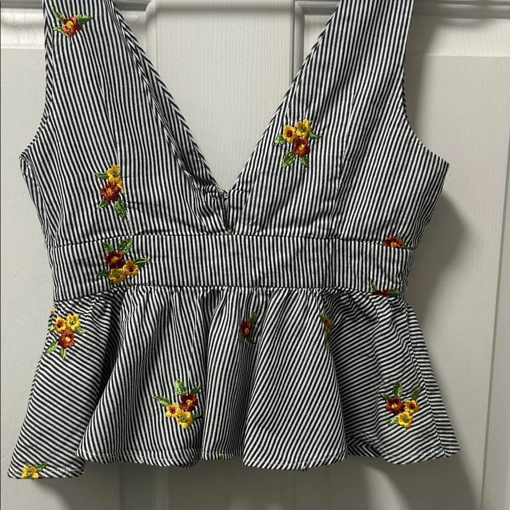 Forever 21 Contemporary Striped Floral Embroidered Babydoll Peplum Top Size S - Picture 7 of 14